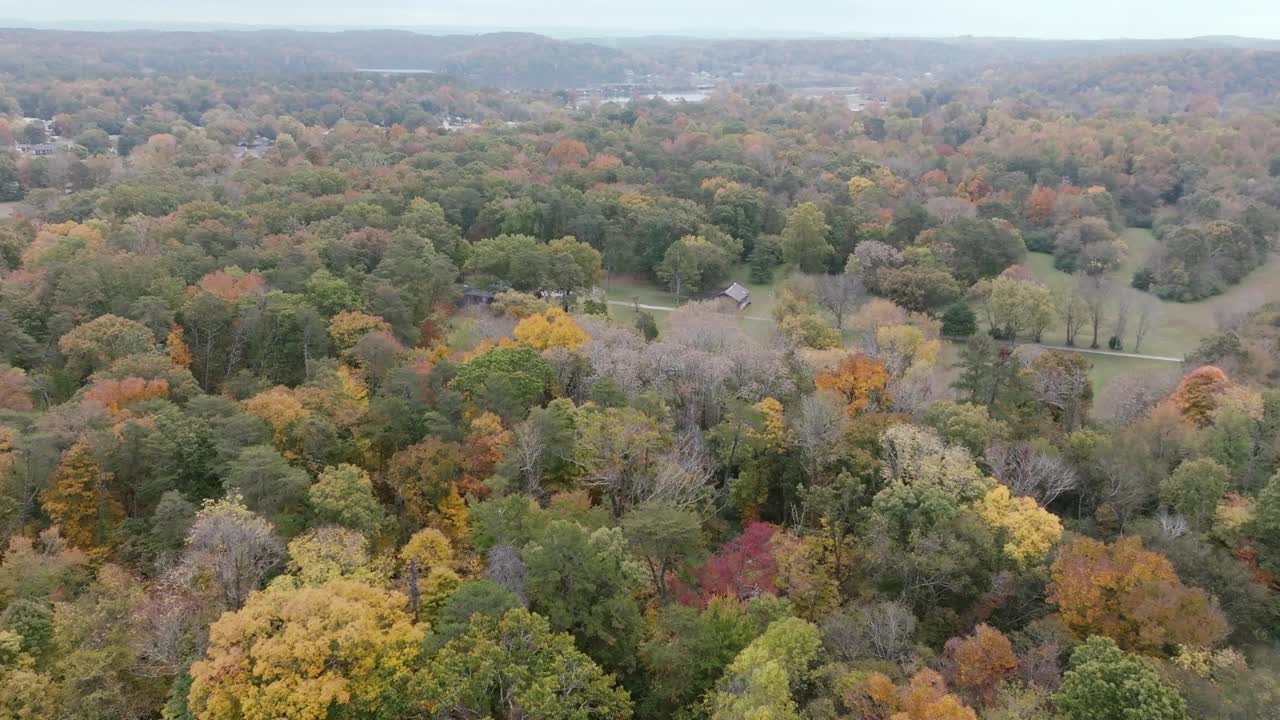 Aerial drone footage shows peaceful suburban homes next to dense forest filled with fall colors, displaying red, orange, and yellow foliage in countryside landscape of rural West Virginia