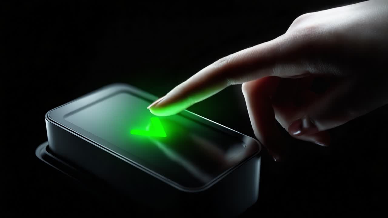 A Close-Up View of a Hand Interacting with a Glowing Green Button in a Dark Environment, Symbolizing Technology Activation and Modern User Interfaces