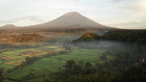 spectacular view of mount agung volcano with morning fog, sunrise light and green rice fields in bali, indonesia