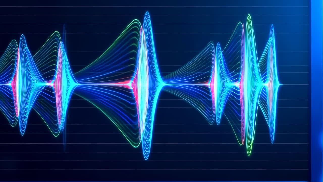Neon Audio Waveform Pulsing Across Grid, Multicolored Luminous Curves In Blue And Cyan Glow, Overlapping