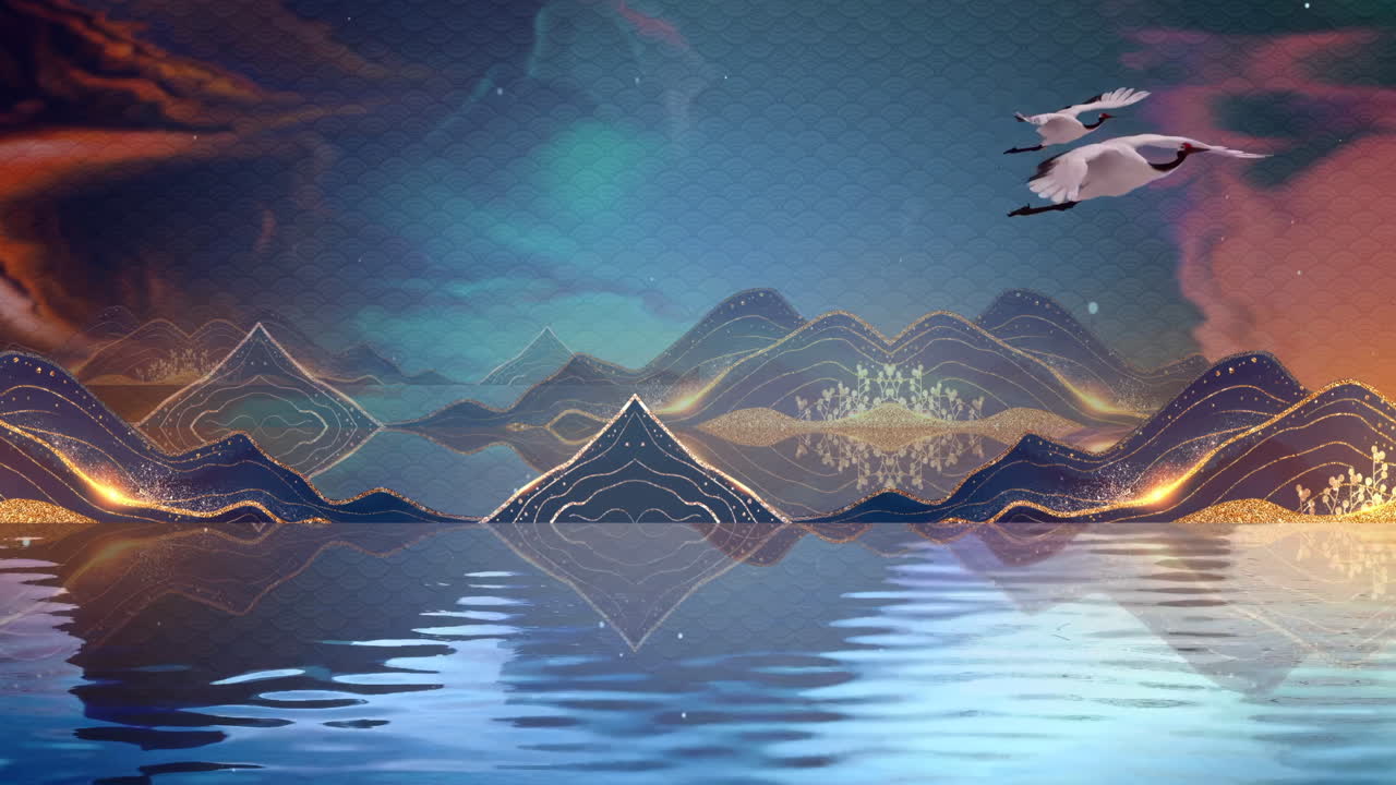 Mysterious landscape China's traditional Oriental Digital Art animation, Chinese retro painting ink misty mountain with flowers, tree, birds, river in fog background