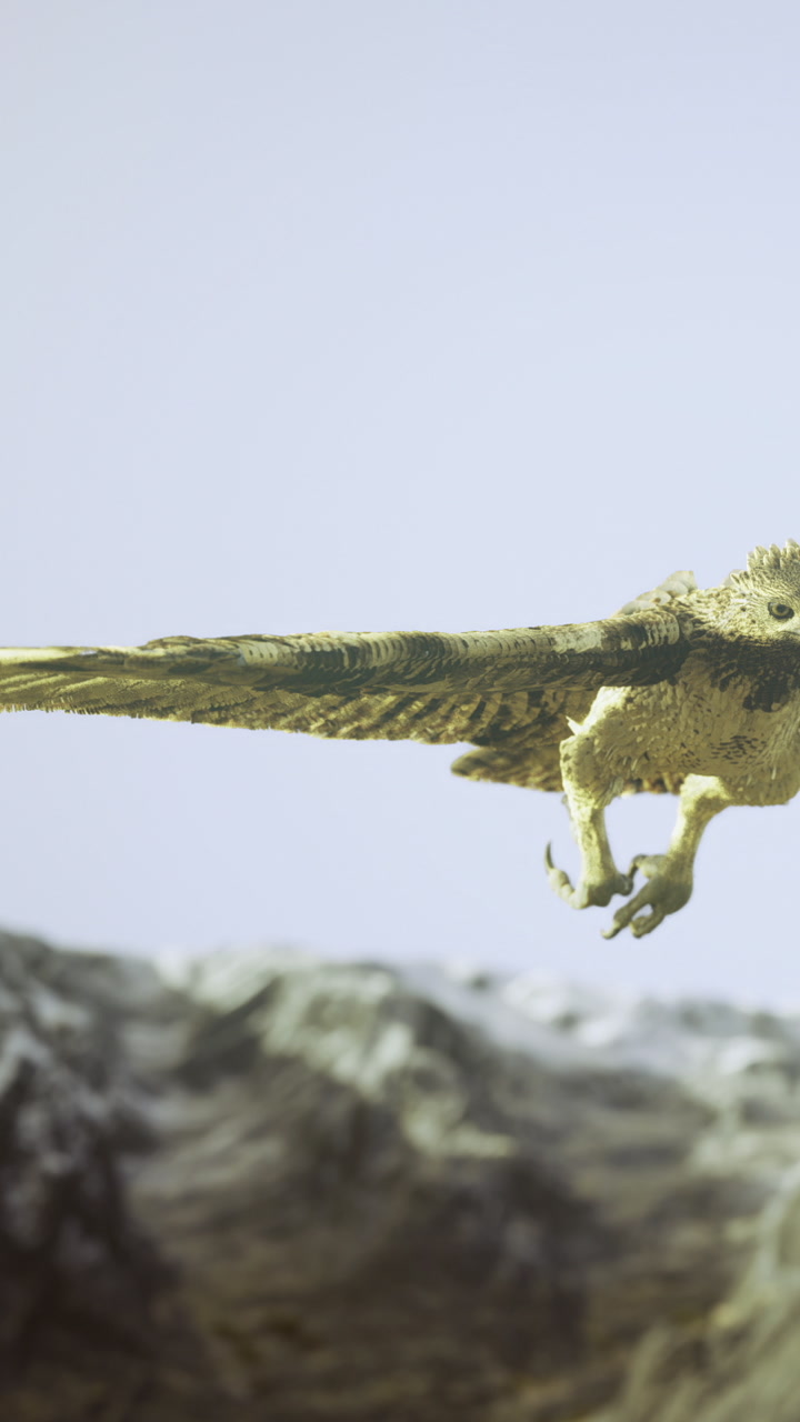 Majestic creature soars over rocky landscape under clear blue sky