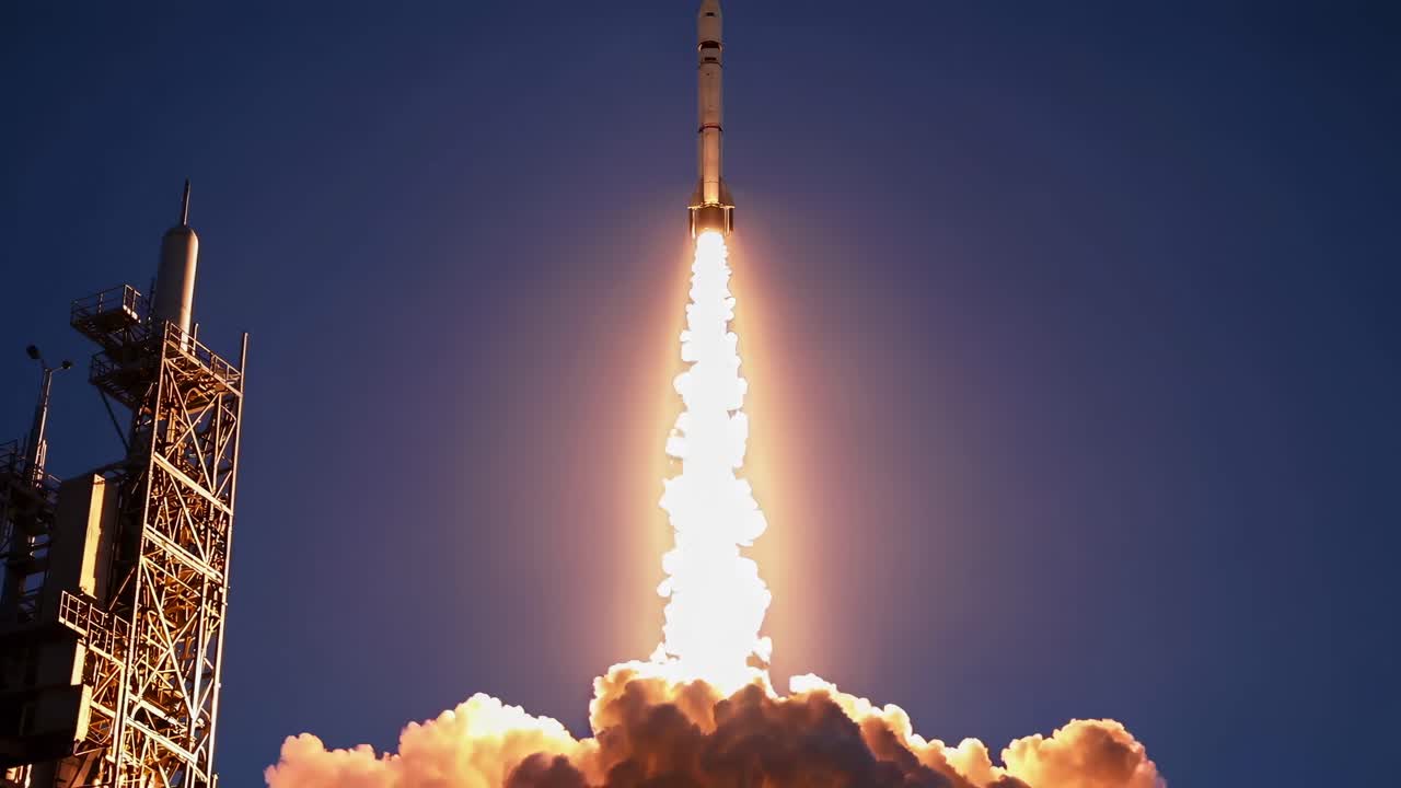 A rocket launches into the night sky, captured from a low-angle shot