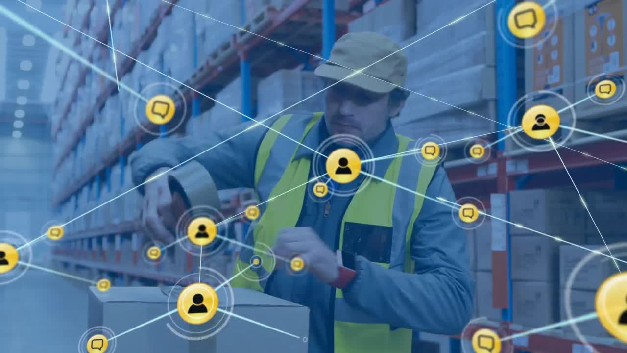 Animation of network of connections with icons over caucasian male worker in warehouse