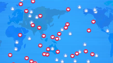 animation of social media like and love icons flying over world map