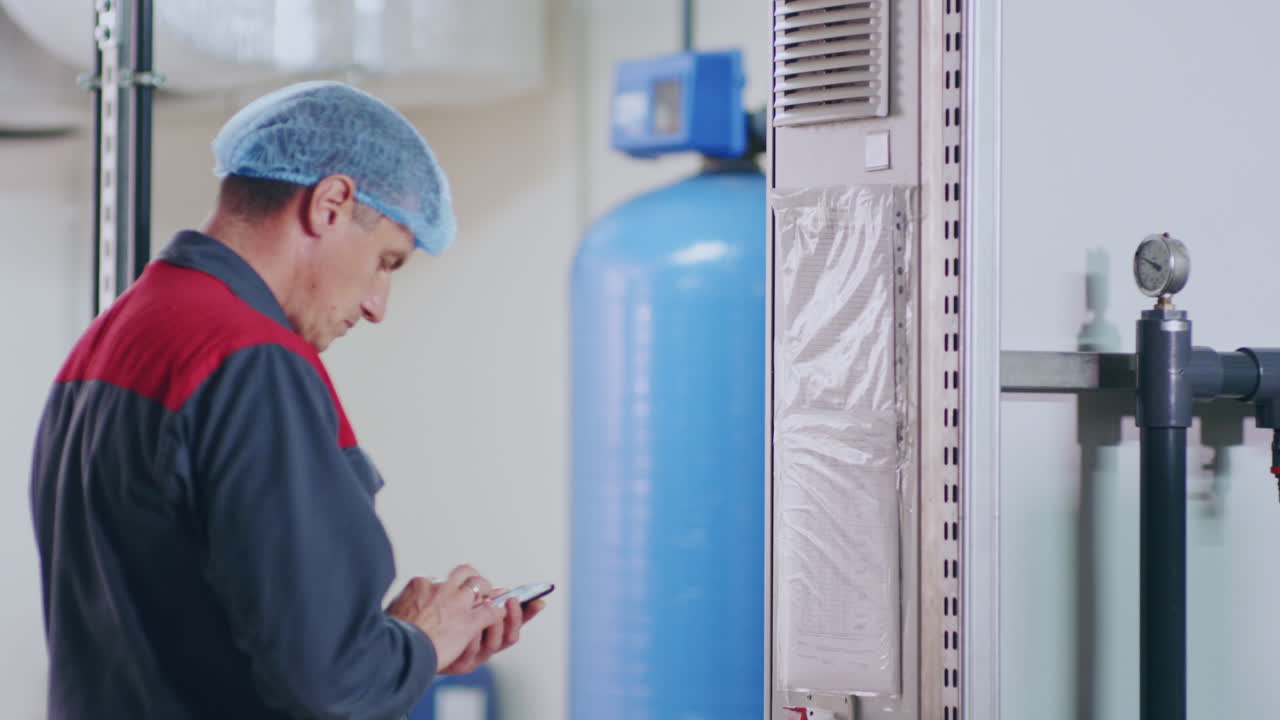 trabajador de la fábrica comprueba equipo de la fábrica. empleado de la fábrica comprueba equipo