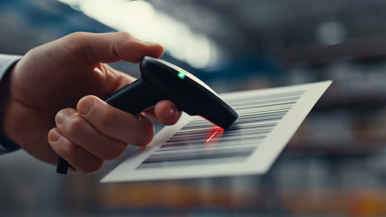 A person scans a barcode with a handheld barcode scanner