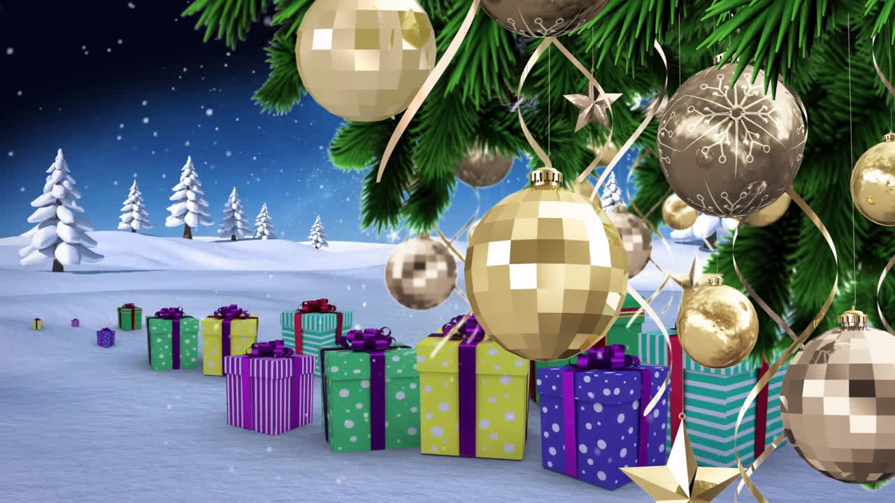 Christmas tree ornaments and gift boxes animation over snowy winter landscape