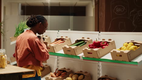 persona vegana en busca de verduras recién cosechadas de cajas