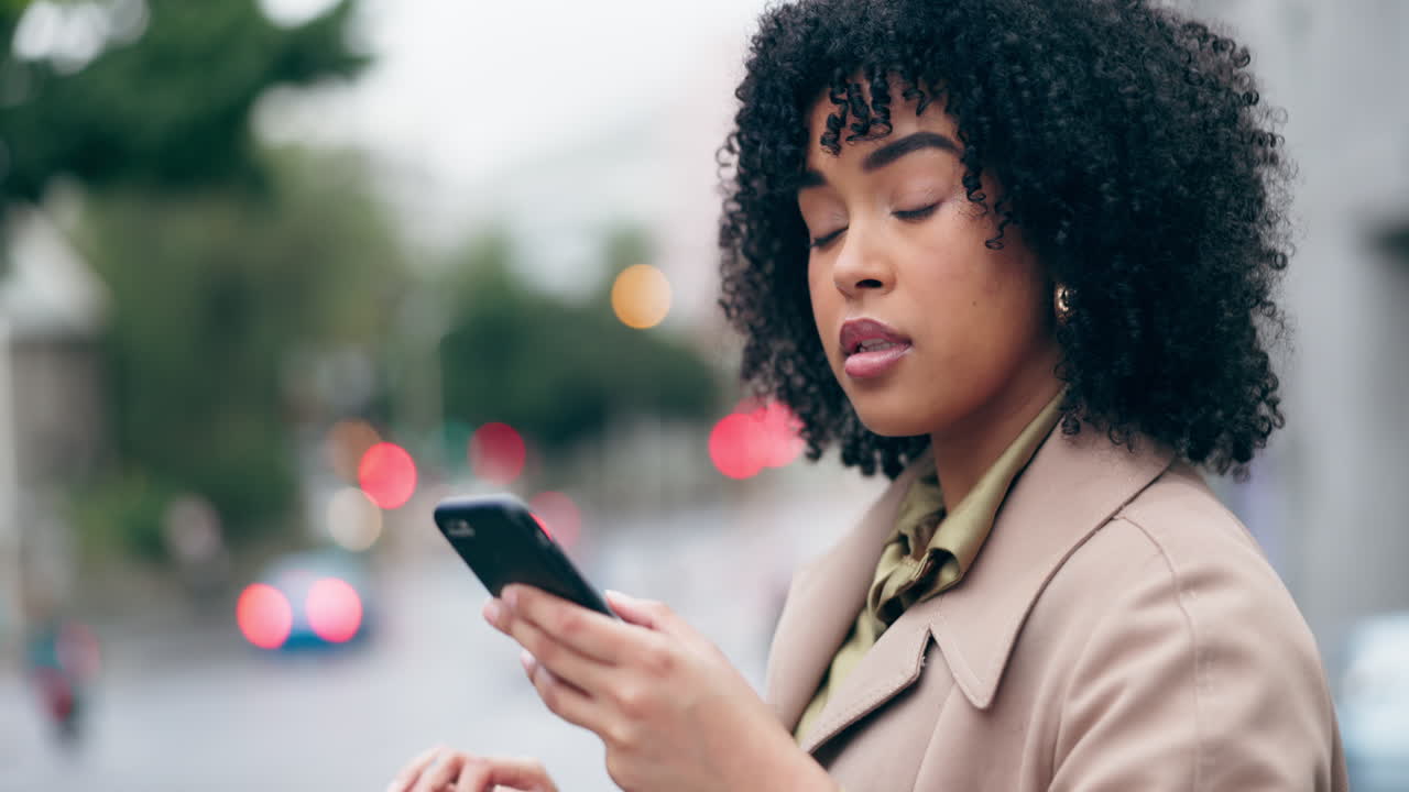Phone, taxi and woman in a city with shopping bag