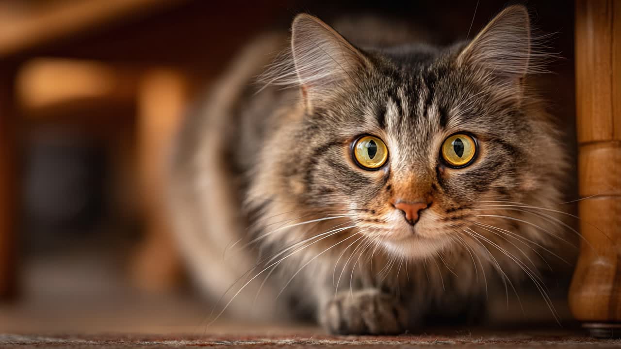 A Captivating Cat in Focus: An Intimate Portrait of a Feline's Playful Crouch and Curious Gaze Captured in Two Frames, Showcasing Its Enigmatic Charm and Whiskered Beauty