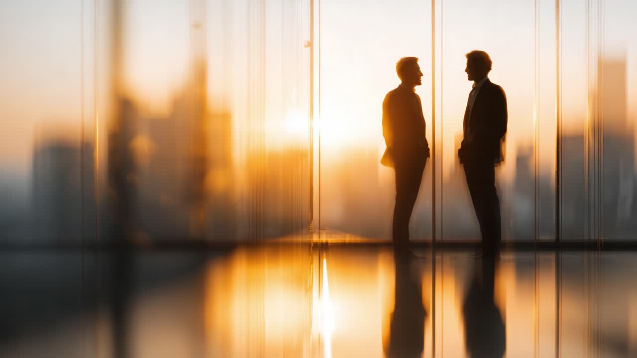 Un sereno momento di connessione: due professionisti in silhouette controluce sullo sfondo di un tramonto mozzafiato sulle luci della città, per catturare l'essenza di un dialogo e una collaborazione significativi