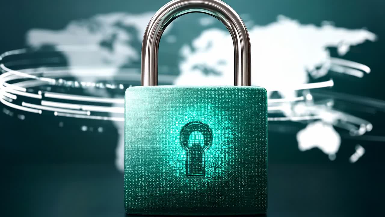 Data protection with padlock. A green padlock sits on a surface with a map in the background, symbolizing security in a digital world