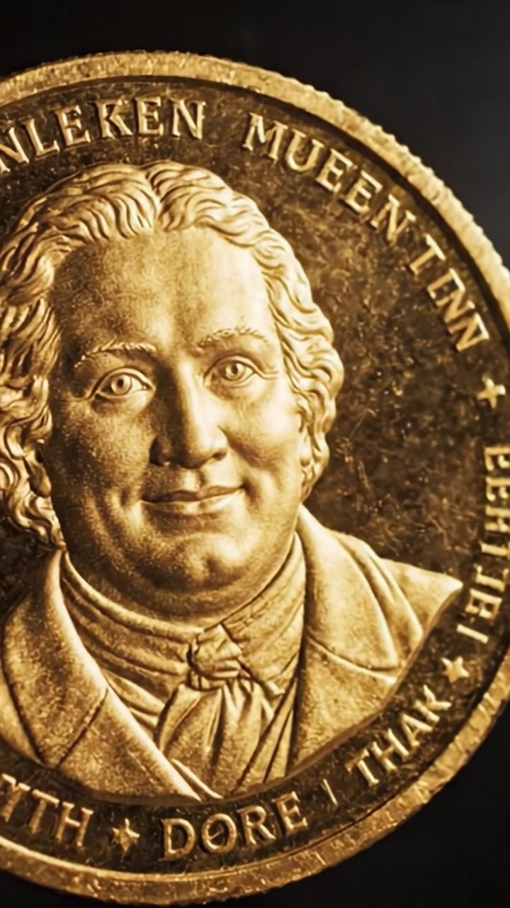 Un primo piano di una moneta d'oro con un ritratto intricato, che evidenzia i dettagli artistici e le texture della valuta in un'ambientazione con illuminazione drammatica