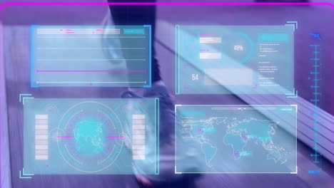 animación del procesamiento de datos de la interfaz sobre el atleta que camina en la cinta de correr