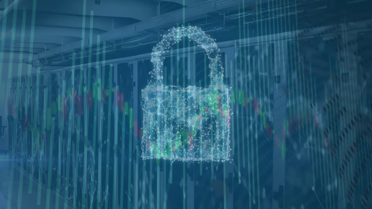 보안 잠금, 방패 및 클라우드 아이콘의 애니메이션 및 서버  ⁇ 에 대한 데이터 처리