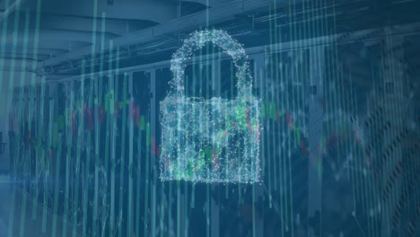 animación del candado de seguridad, el escudo y el icono de la nube y el procesamiento de datos contra la sala del servidor