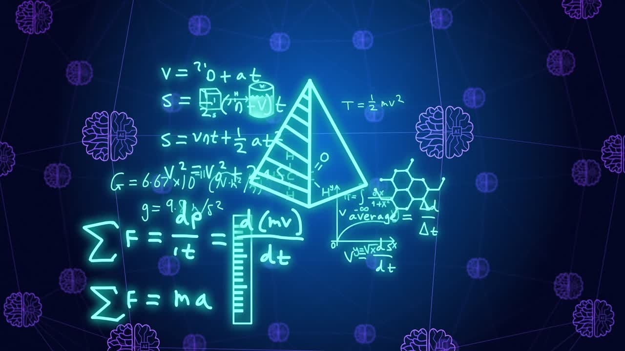 Animation of mathematical data processing over connections with ai icons