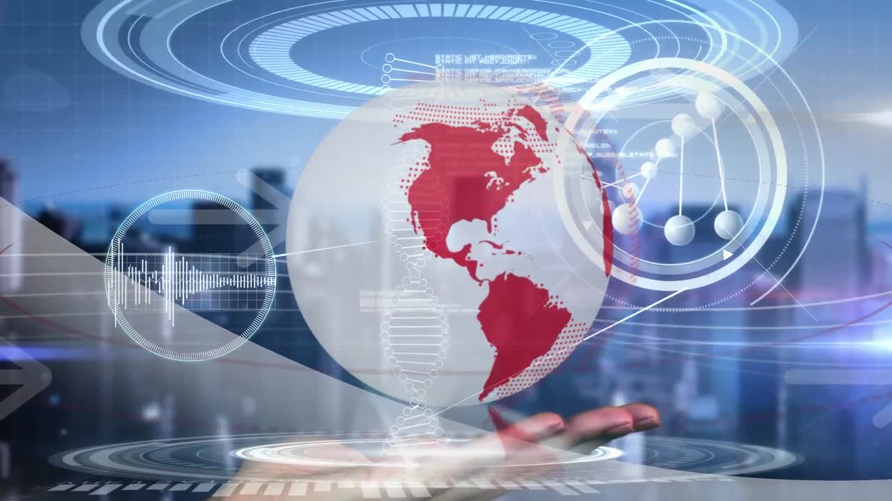 animación del procesamiento de datos médicos y globo sobre el paisaje urbano