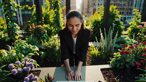 woman working in urban rooftop garden