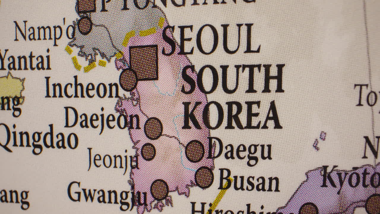 Close-up of South Korea on a map