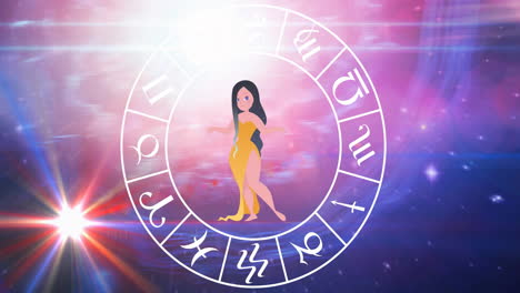 animation of libra star sign with horoscope wheel spinning over stars on blue to purple background