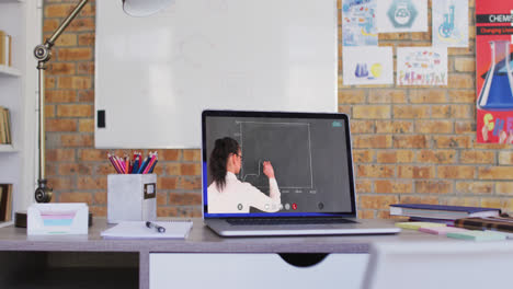 Caucasian-female-teacher-displayed-on-laptop-screen-during-video-call