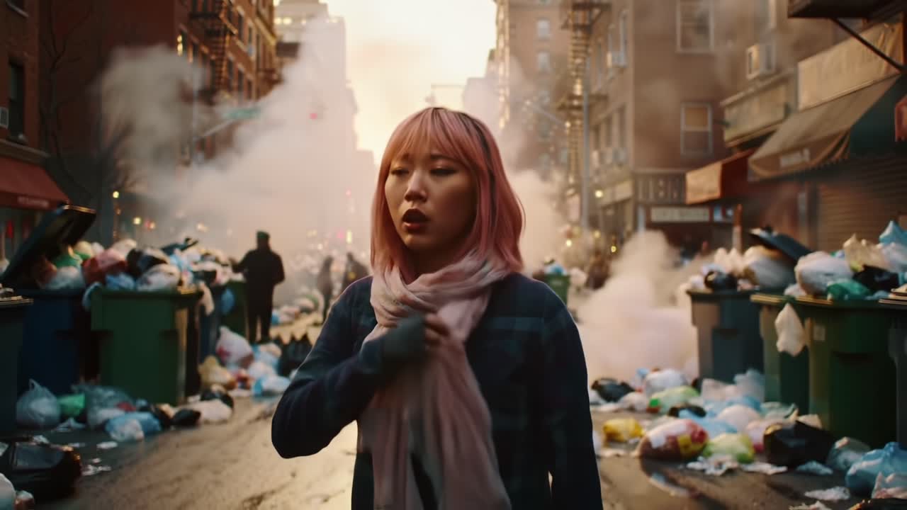 A Young Woman in a Dystopian Cityscape: Surrounded by Garbage and Smog, She Covers Her Nose, Reflecting the Struggles of Urban Pollution and Environmental Neglect