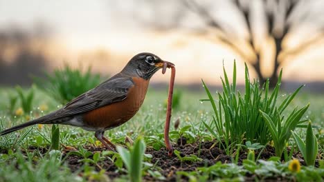 a beautiful robin bird hunting for worms in the early morning light, showcasing nature's splendor and the simple joys of wildlife in its natural habitat