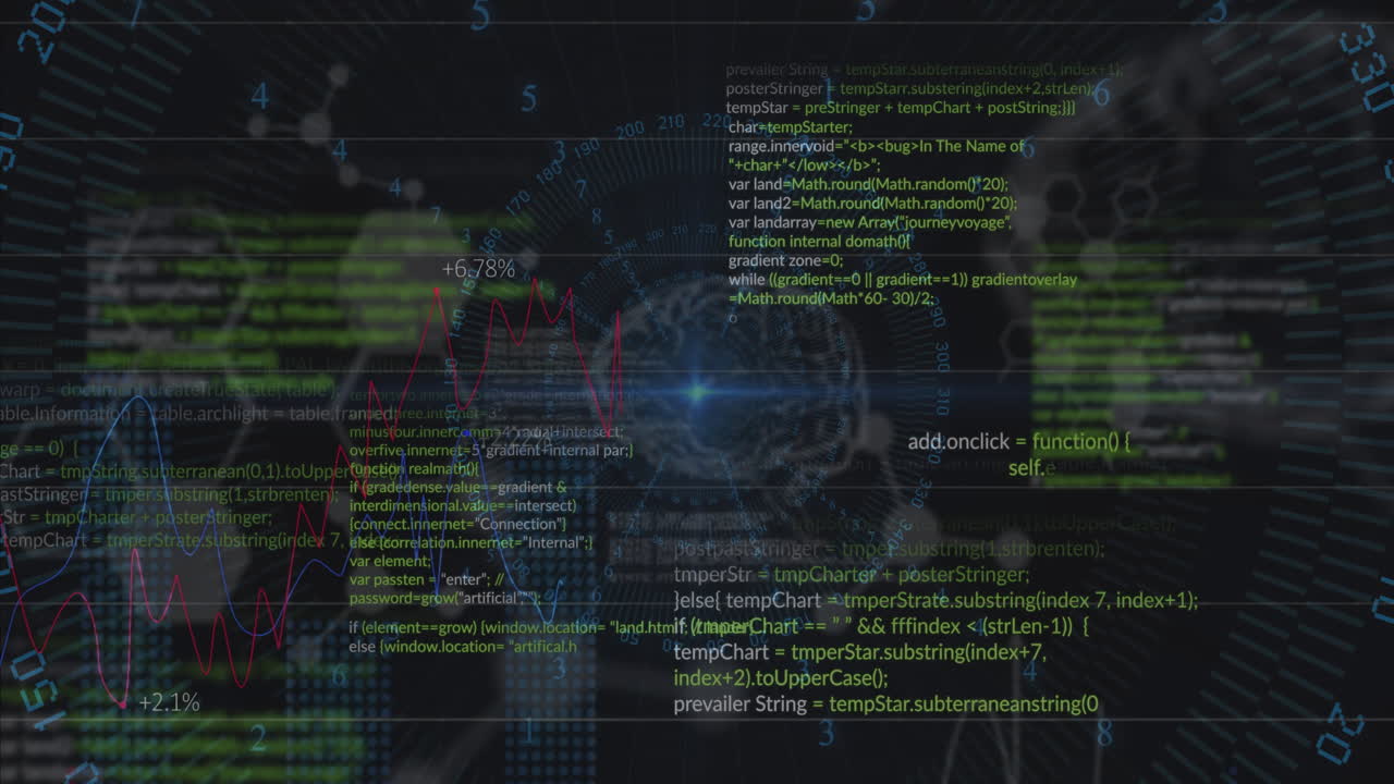 Animation of digital code and data visualization with graphs and numbers
