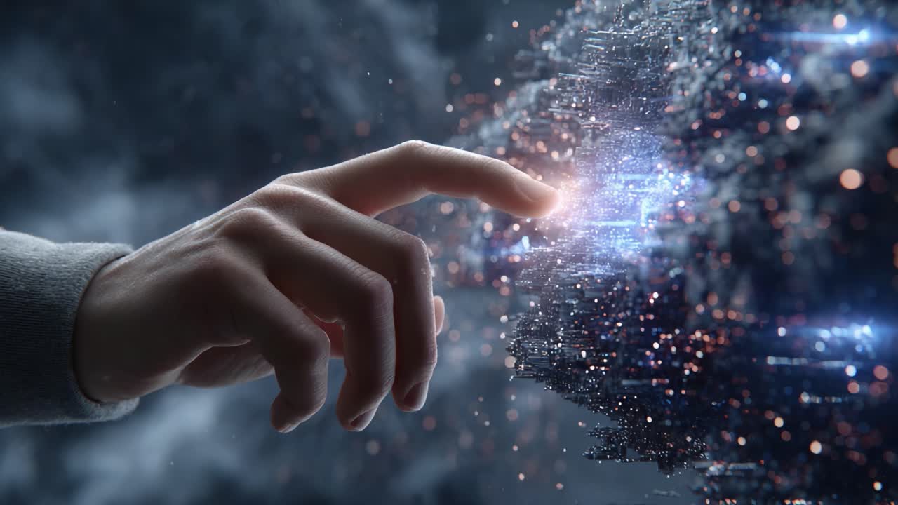 Una rappresentazione astratta dell'interazione umana con la tecnologia, che mostra una mano che si protende per toccare un'interfaccia digitale luminosa, ricca di particelle intricate ed elementi incandescenti.