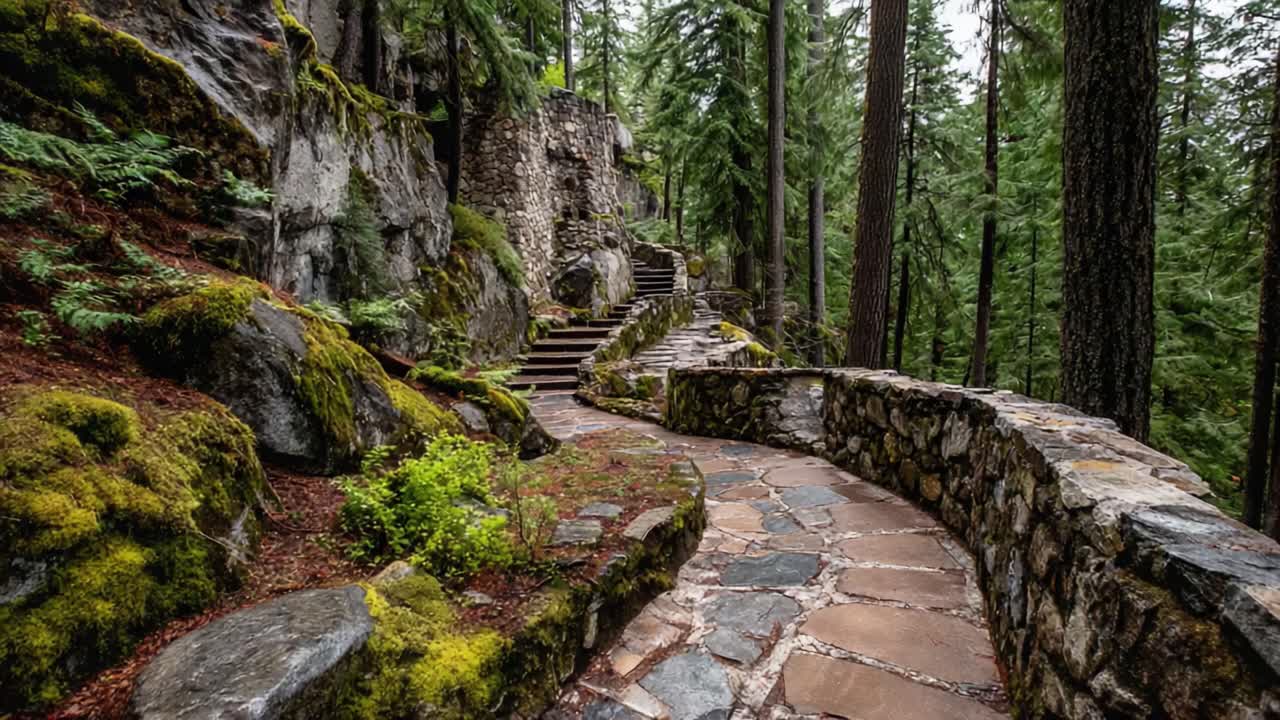 Serene Pathway Through Lush Green Forest: A Tranquil Journey Among Ancient Stone Walls and Towering Trees