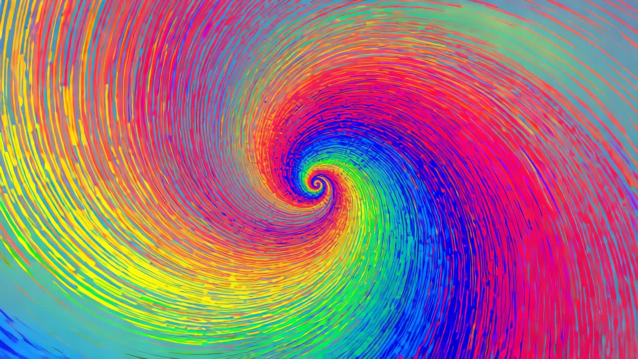 Upon playback spinning rainbow vortex graphic rotating in digital scene, with swirling gradient