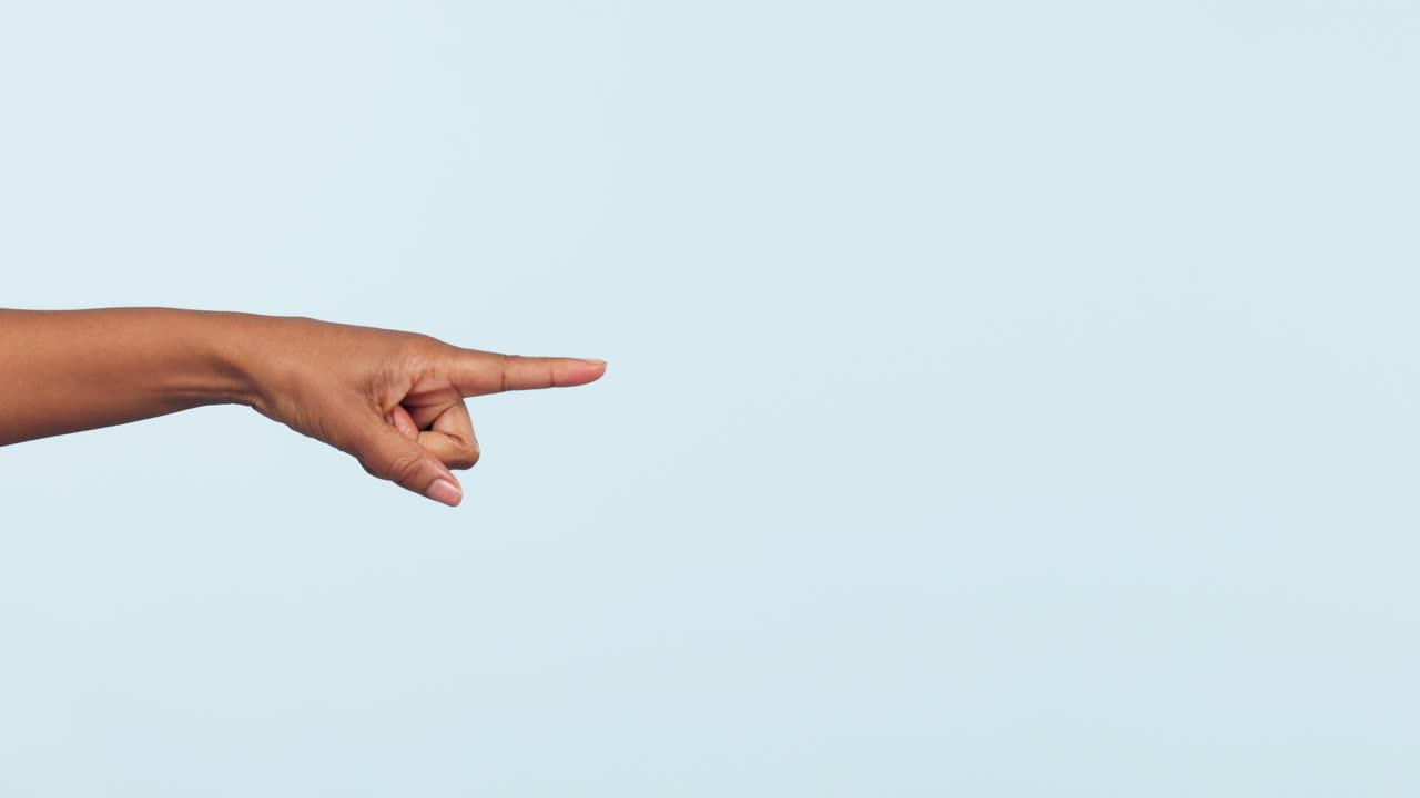 Hand, pointing and choice with a person closeup