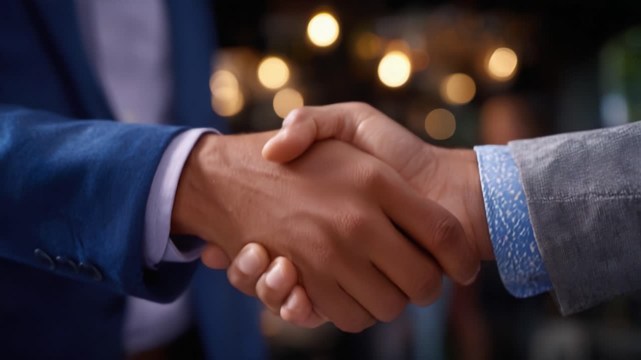 A Close-Up of Two People Engaging in a Firm Handshake Signifying Agreement and Trust in a Professional Setting with Blurry Background Elements