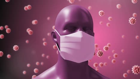 human face model wearing face mask spinning against multiple covid-19 cells on pink background