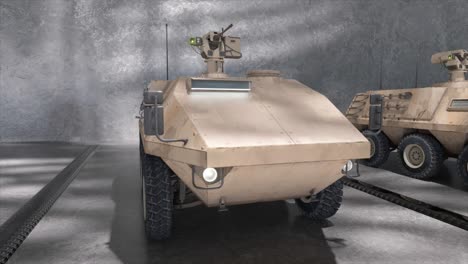 military armored personnel carrier in a warehouse