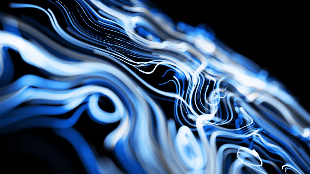 Abstract 3d looped background with lines form swirling pattern like curle noise with light streaks. Flow of particles forms curled lines like blue glow trails. Beautiful swirls of lines as abstract bg