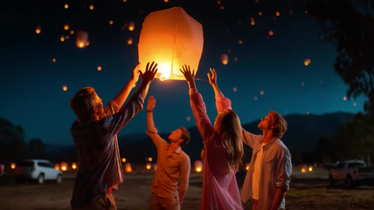 Una noche mágica de farolillos: amigos se unen bajo un cielo estrellado para lanzar farolillos luminosos, creando un ambiente encantador mientras celebran la unión y la belleza de la noche