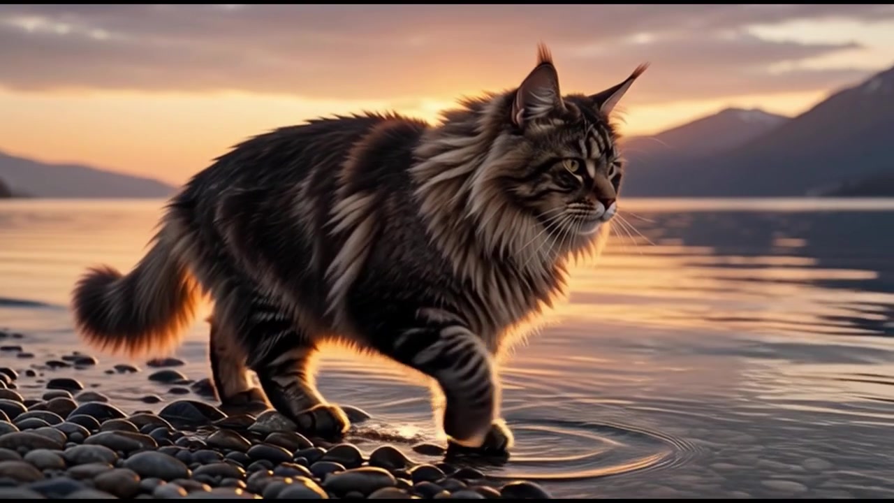 Kucing Maine Coon Berjalan di Sepanjang Pantai Berbatu saat Matahari Terbenam