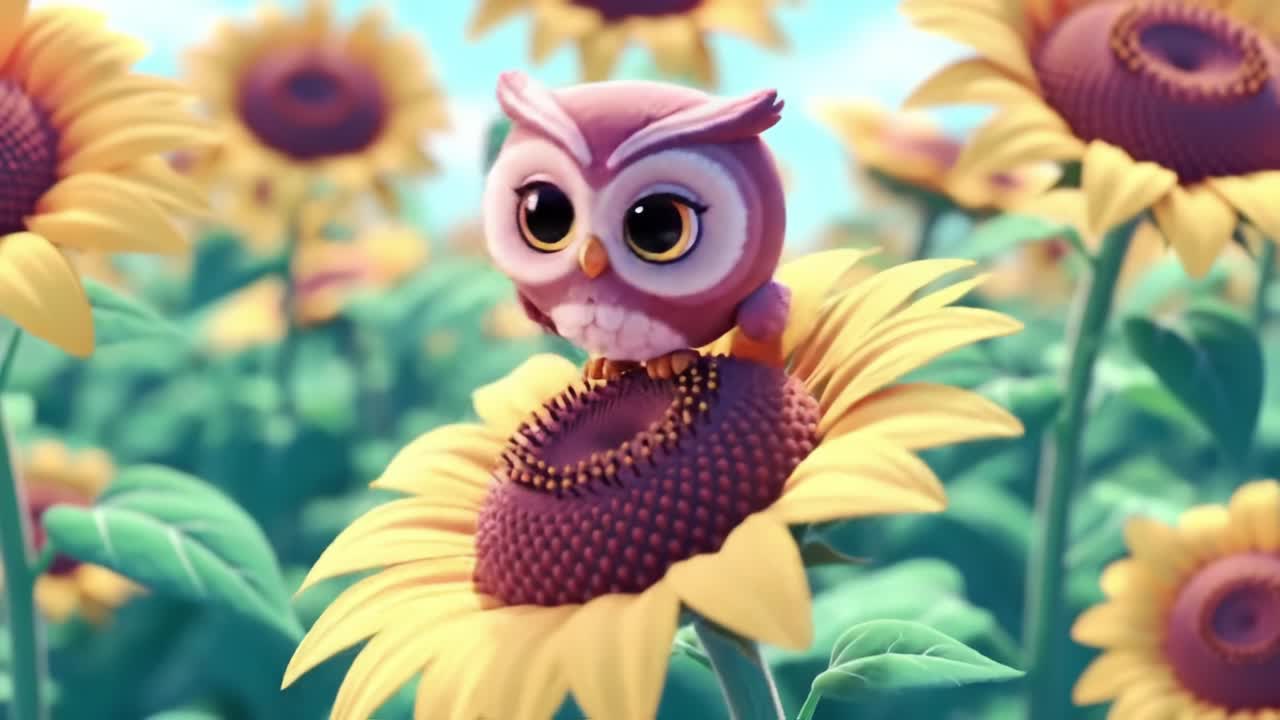 Um personagem de coruja peculiar empoleirado em um girassol em meio a um campo vibrante de girassóis sob um céu azul brilhante cheio de vida e cor