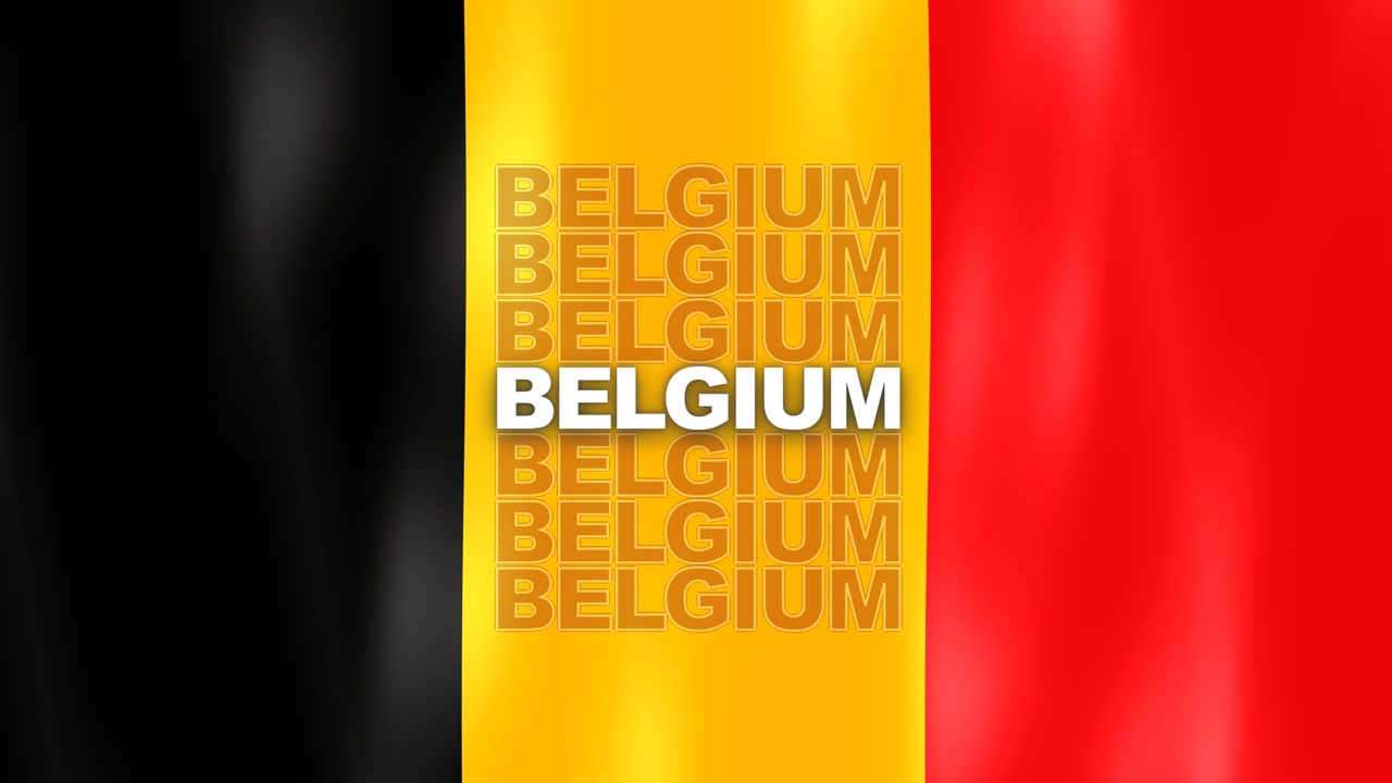 Bandiera tricolore verticale del Belgio con strisce nere, gialle e rosse che sventola dolcemente con testo