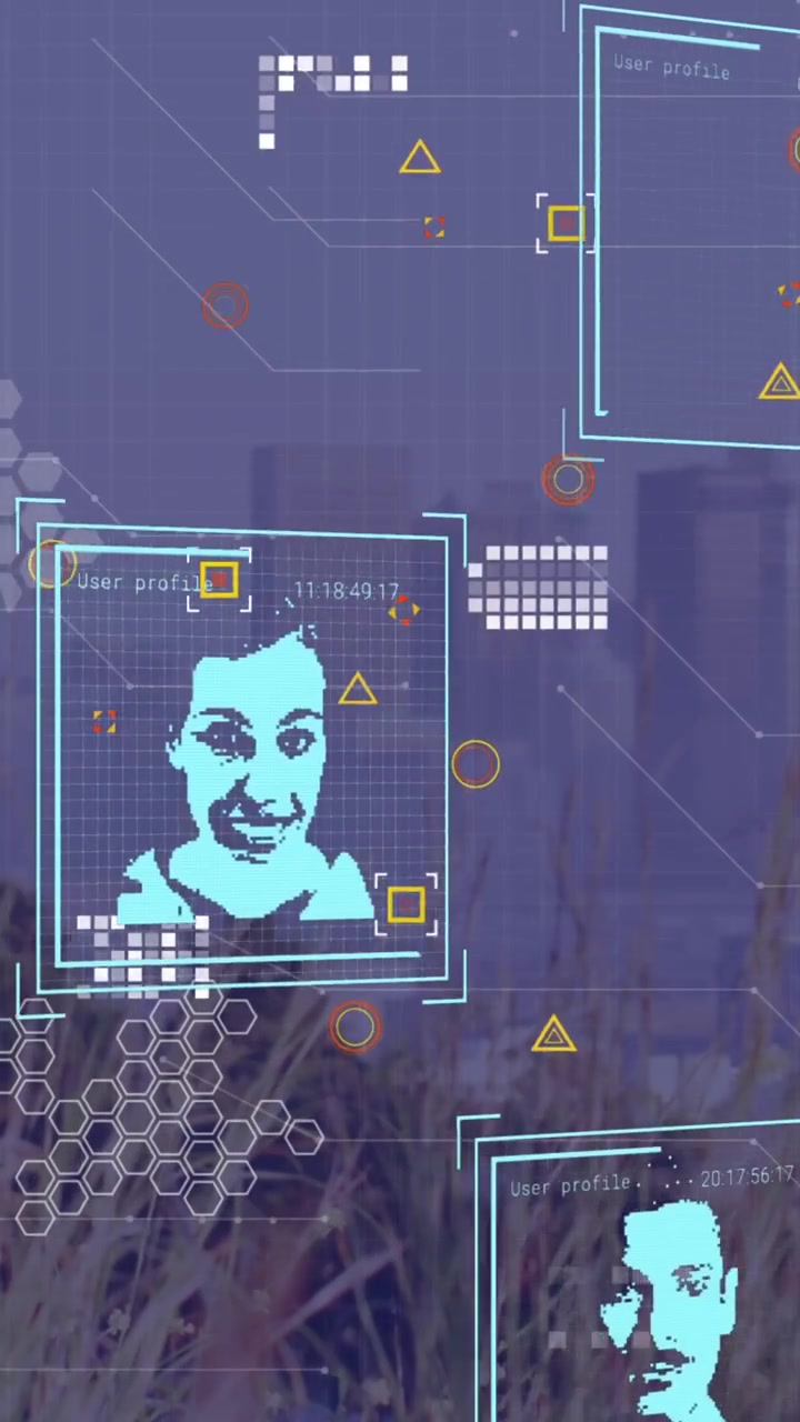 Animation of user photos and icons over cityscape