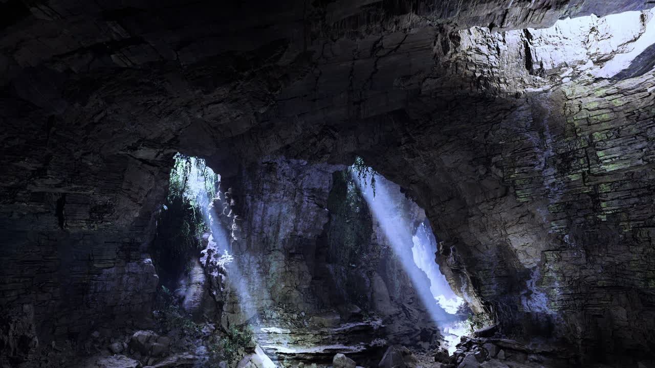 Raggi di luce naturale illuminano un’antica grotta in un luogo remoto