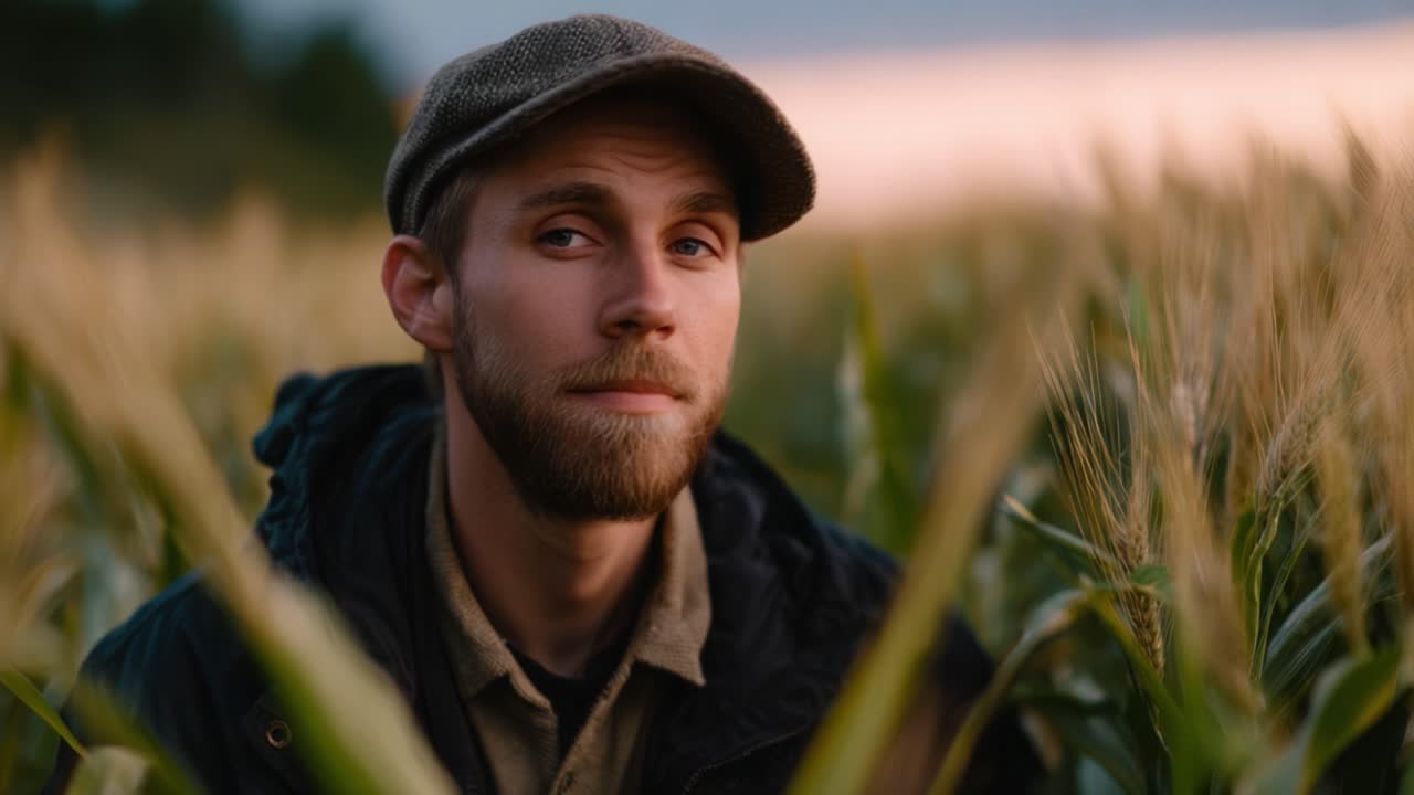 Contemplative Farmer in Field: A Man Gazes Into the Horizon While Surrounded by Lush Cornstalks at Dusk, Capturing the Essence of Rural Life and Nature's Beauty