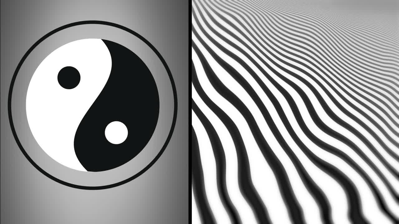 Animation of yin yang symbol and lines over grey background