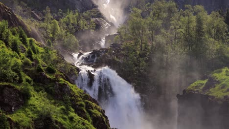 latefossen is one of the most visited waterfalls in norway and is located near skare and odda in the region hordaland, norway. consists of two separate streams flowing down from the lake lotevatnet.