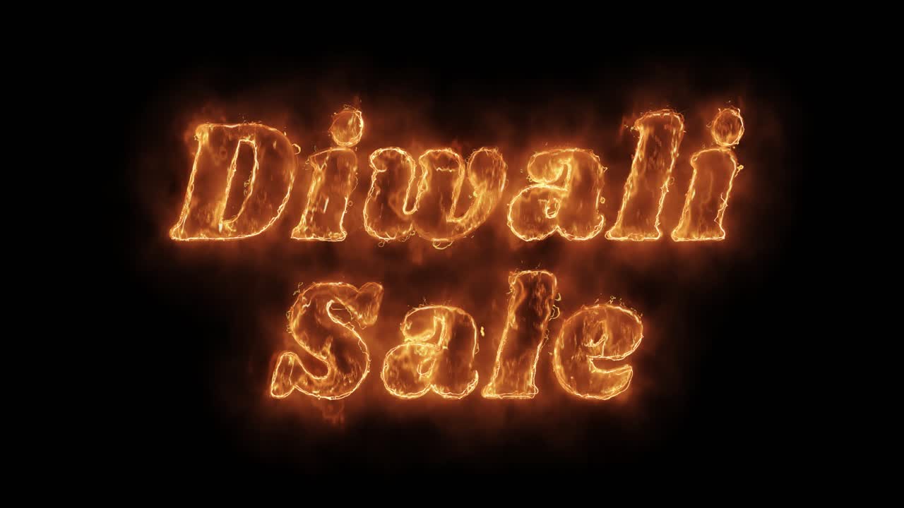 Parola 'Saldi Diwali' con effetto fuoco animato realistico in loop.