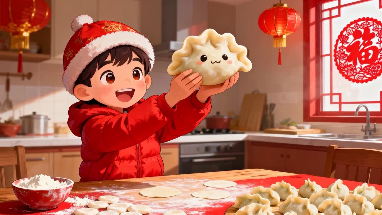 Modelando massa, criança de jaqueta puffer vermelha segurando um dumpling de desenho animado à mesa da cozinha para o Ano Novo