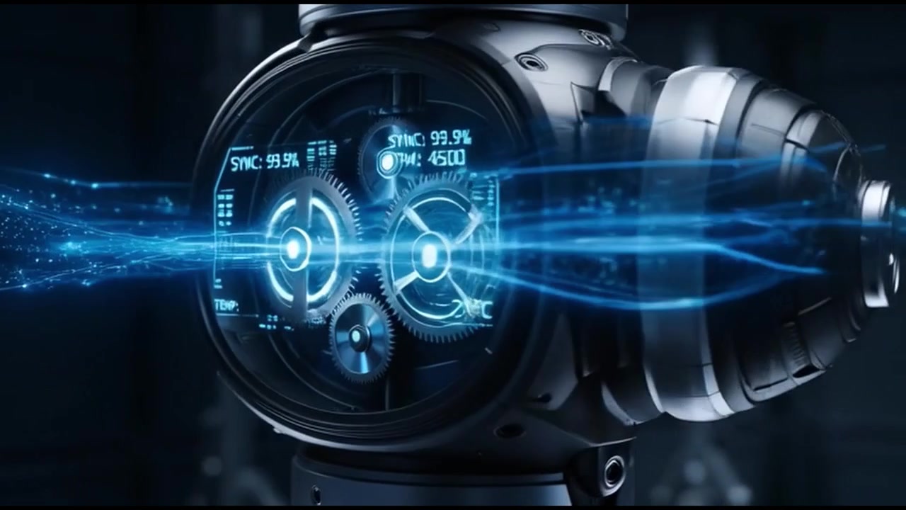 Futuristic Machine with Gears and Digital Data Processing